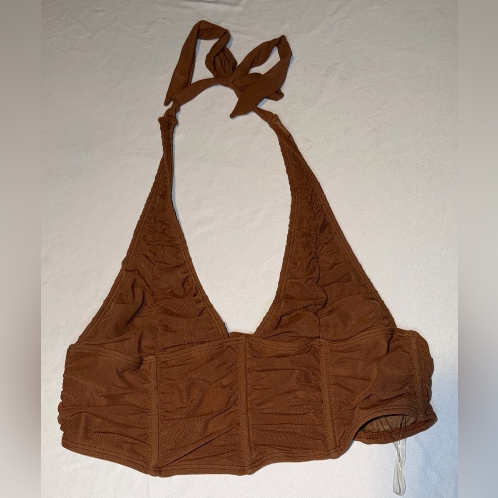 Y2K Corset Crop Top Brown Rust Halter Ruched Womens L Going Out Party Top